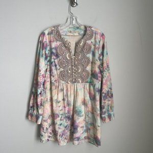 Soft Surroundings Bazille Tie Dye Sequin Beaded Embroidered Tunic top